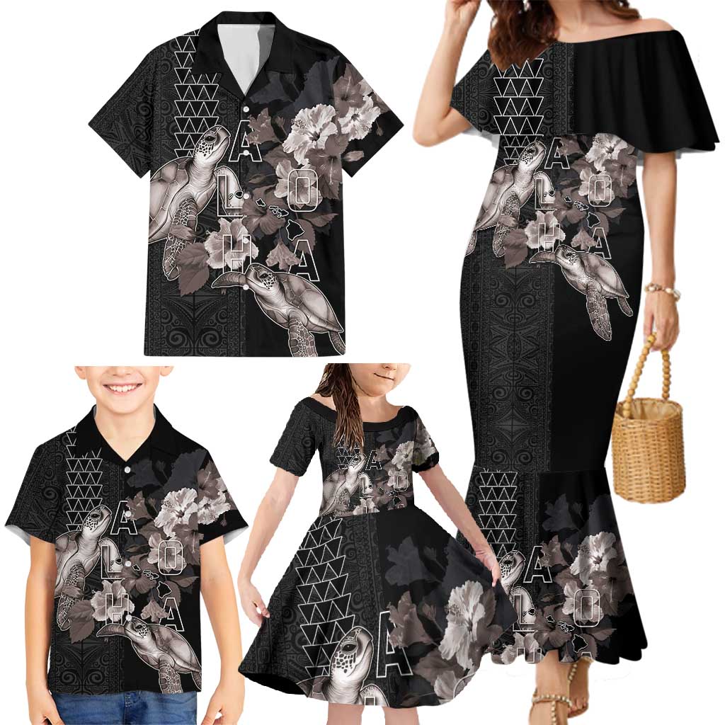 Hawaii Aloha Turtle Hibiscus and Leaves Family Matching Mermaid Dress and Hawaiian Shirt with Polynesian and Kakau Tattoos Black Color - Polynesian Pride