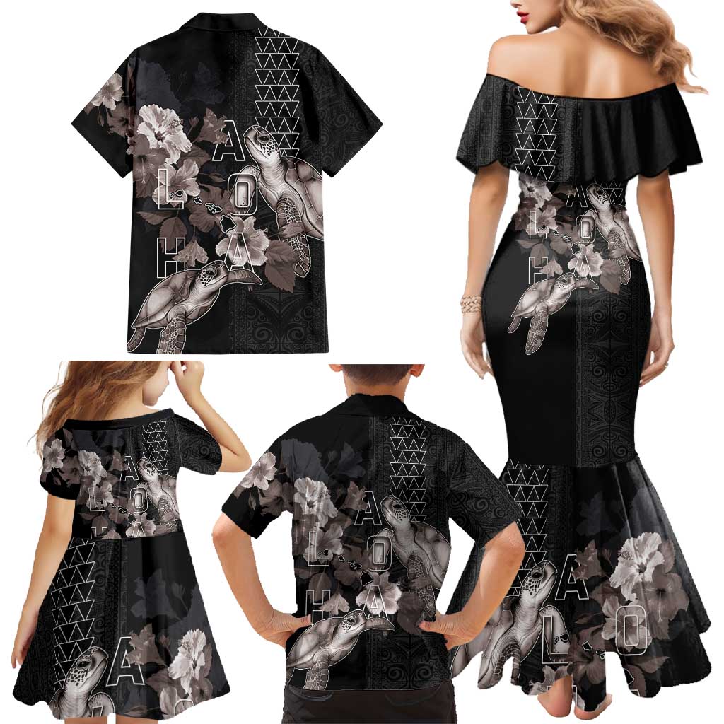 Hawaii Aloha Turtle Hibiscus and Leaves Family Matching Mermaid Dress and Hawaiian Shirt with Polynesian and Kakau Tattoos Black Color - Polynesian Pride