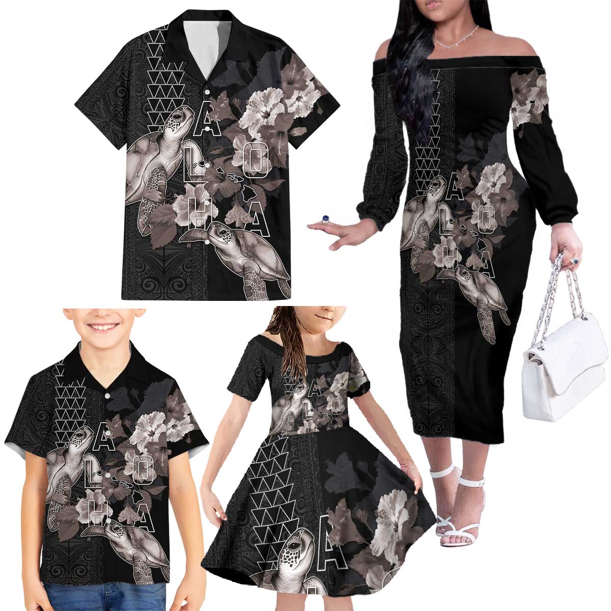 Hawaii Aloha Turtle Hibiscus and Leaves Family Matching Off The Shoulder Long Sleeve Dress and Hawaiian Shirt with Polynesian and Kakau Tattoos Black Color - Polynesian Pride