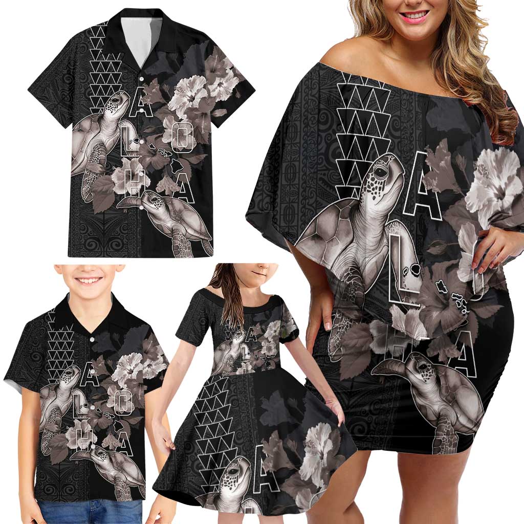 Hawaii Aloha Turtle Hibiscus and Leaves Family Matching Off Shoulder Short Dress and Hawaiian Shirt with Polynesian and Kakau Tattoos Black Color - Polynesian Pride
