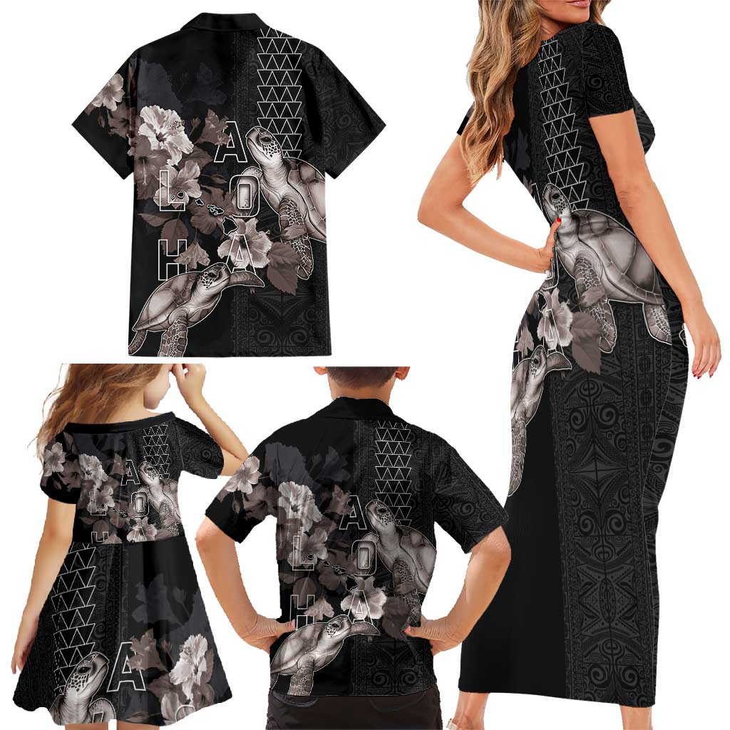 Hawaii Aloha Turtle Hibiscus and Leaves Family Matching Short Sleeve Bodycon Dress and Hawaiian Shirt with Polynesian and Kakau Tattoos Black Color - Polynesian Pride