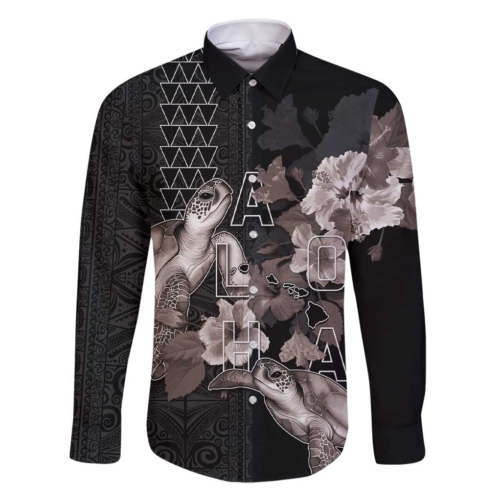 Hawaii Aloha Turtle Hibiscus and Leaves Family Matching Short Sleeve Bodycon Dress and Hawaiian Shirt with Polynesian and Kakau Tattoos Black Color - Polynesian Pride