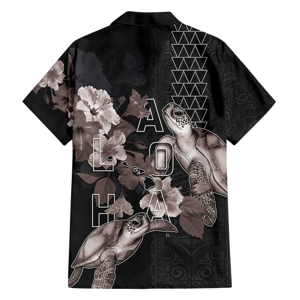 Hawaii Aloha Turtle Hibiscus and Leaves Family Matching Summer Maxi Dress and Hawaiian Shirt with Polynesian and Kakau Tattoos Black Color - Polynesian Pride