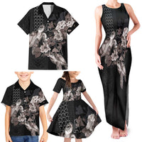 Hawaii Aloha Turtle Hibiscus and Leaves Family Matching Tank Maxi Dress and Hawaiian Shirt with Polynesian and Kakau Tattoos Black Color - Polynesian Pride