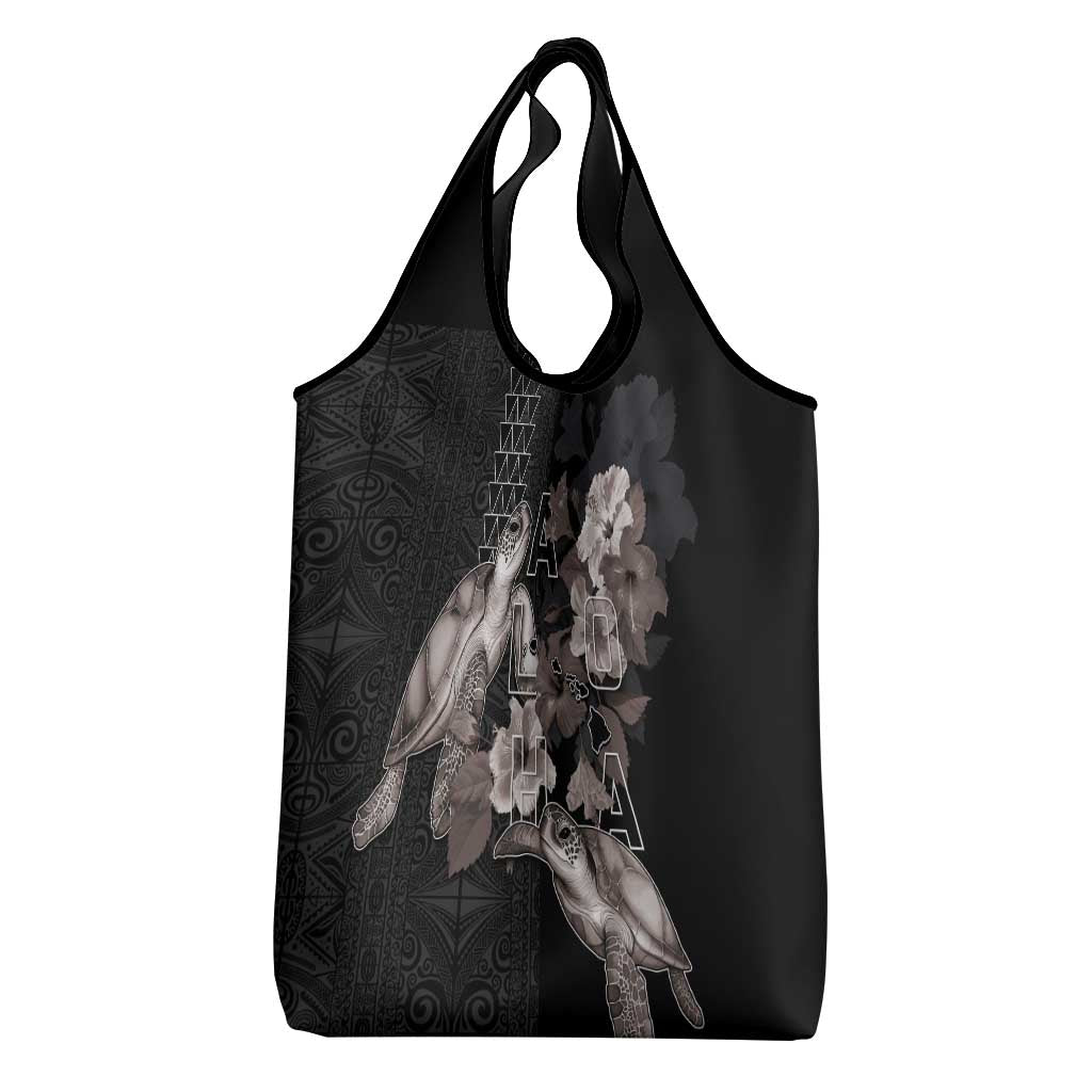 Hawaii Aloha Turtle Hibiscus and Leaves Grocery Bag with Polynesian and Kakau Tattoos Black Color - Polynesian Pride