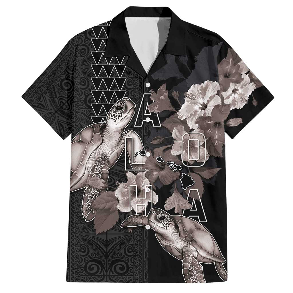 Hawaii Aloha Turtle Hibiscus and Leaves Hawaiian Shirt with Polynesian and Kakau Tattoos Black Color - Polynesian Pride