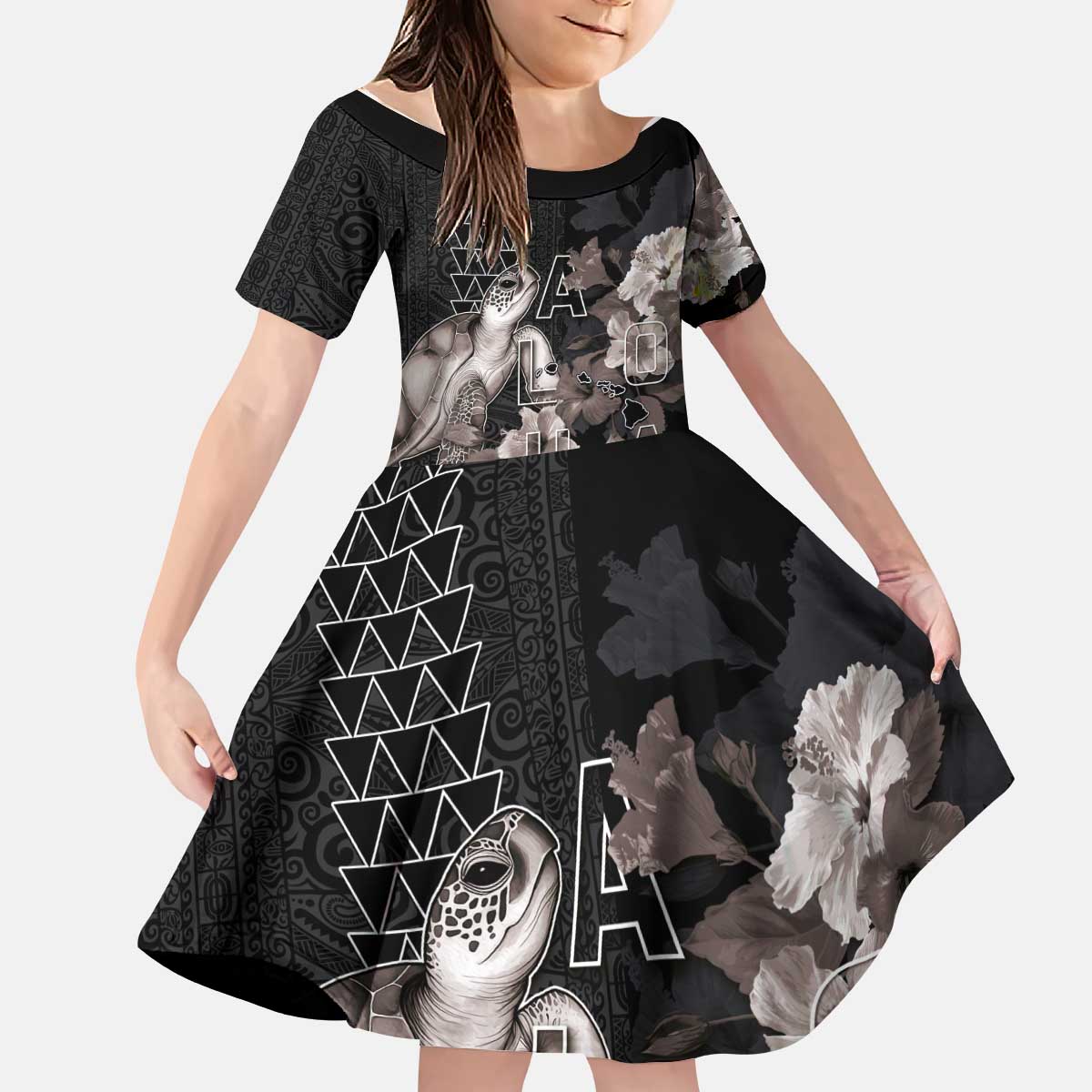 Hawaii Aloha Turtle Hibiscus and Leaves Kid Short Sleeve Dress with Polynesian and Kakau Tattoos Black Color - Polynesian Pride