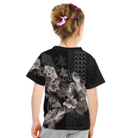 Hawaii Aloha Turtle Hibiscus and Leaves Kid T Shirt with Polynesian and Kakau Tattoos Black Color - Polynesian Pride