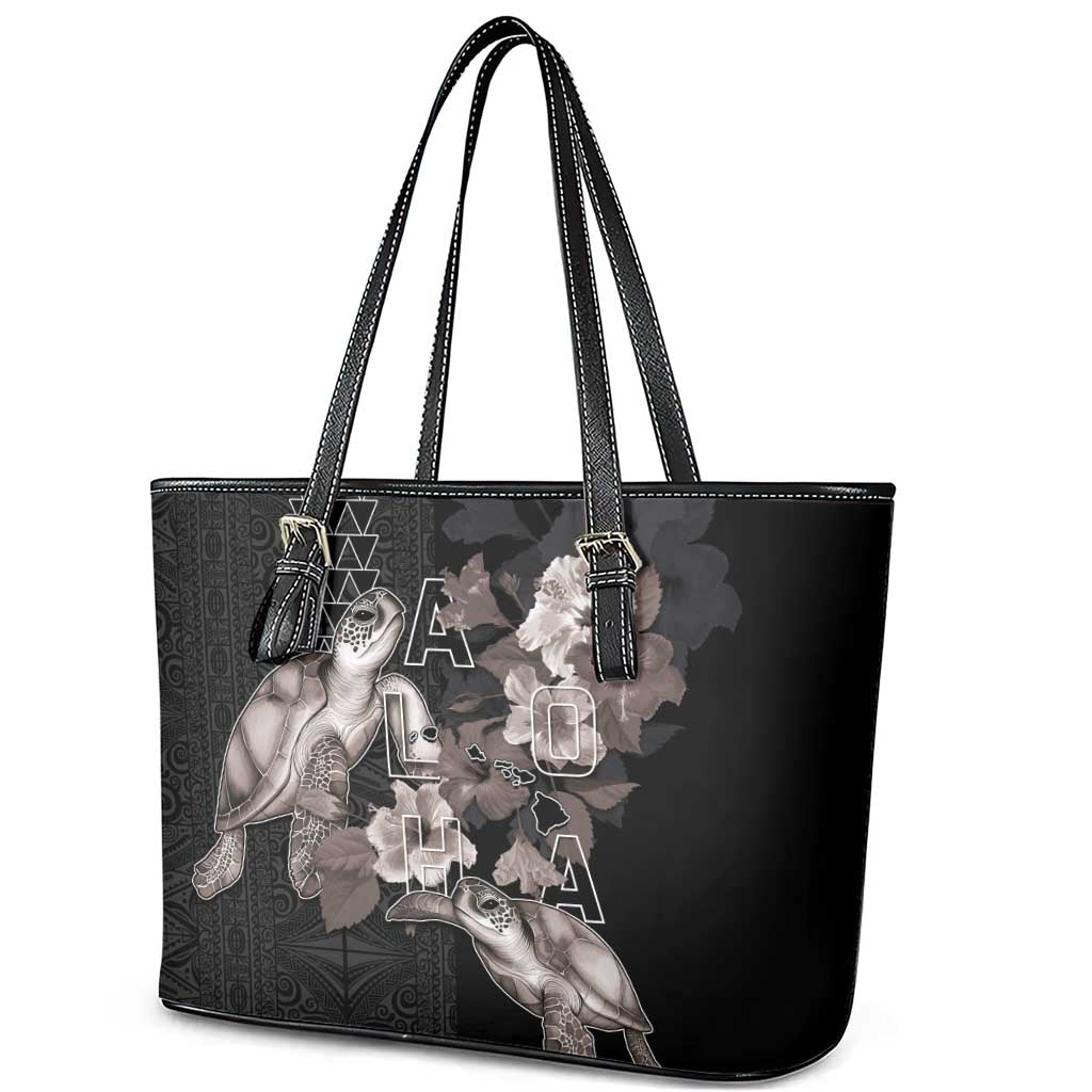 Hawaii Aloha Turtle Hibiscus and Leaves Leather Tote Bag with Polynesian and Kakau Tattoos Black Color - Polynesian Pride