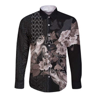 Hawaii Aloha Turtle Hibiscus and Leaves Long Sleeve Button Shirt with Polynesian and Kakau Tattoos Black Color - Polynesian Pride