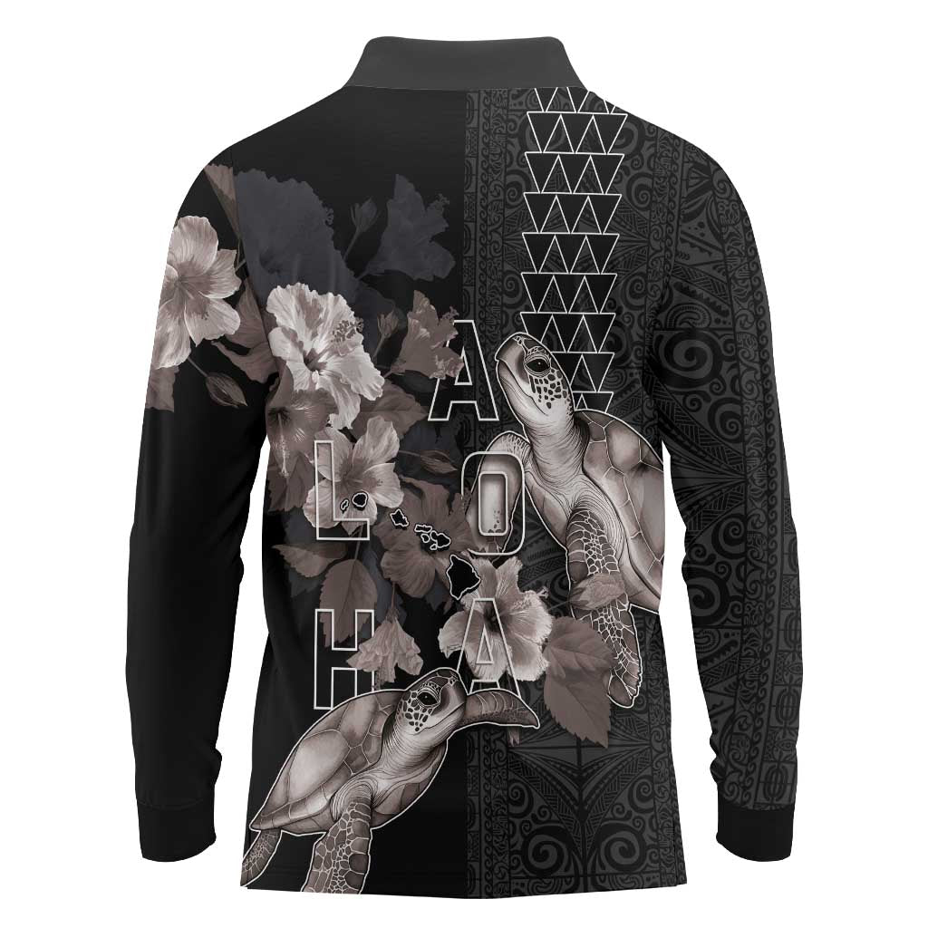 Hawaii Aloha Turtle Hibiscus and Leaves Long Sleeve Polo Shirt with Polynesian and Kakau Tattoos Black Color - Polynesian Pride