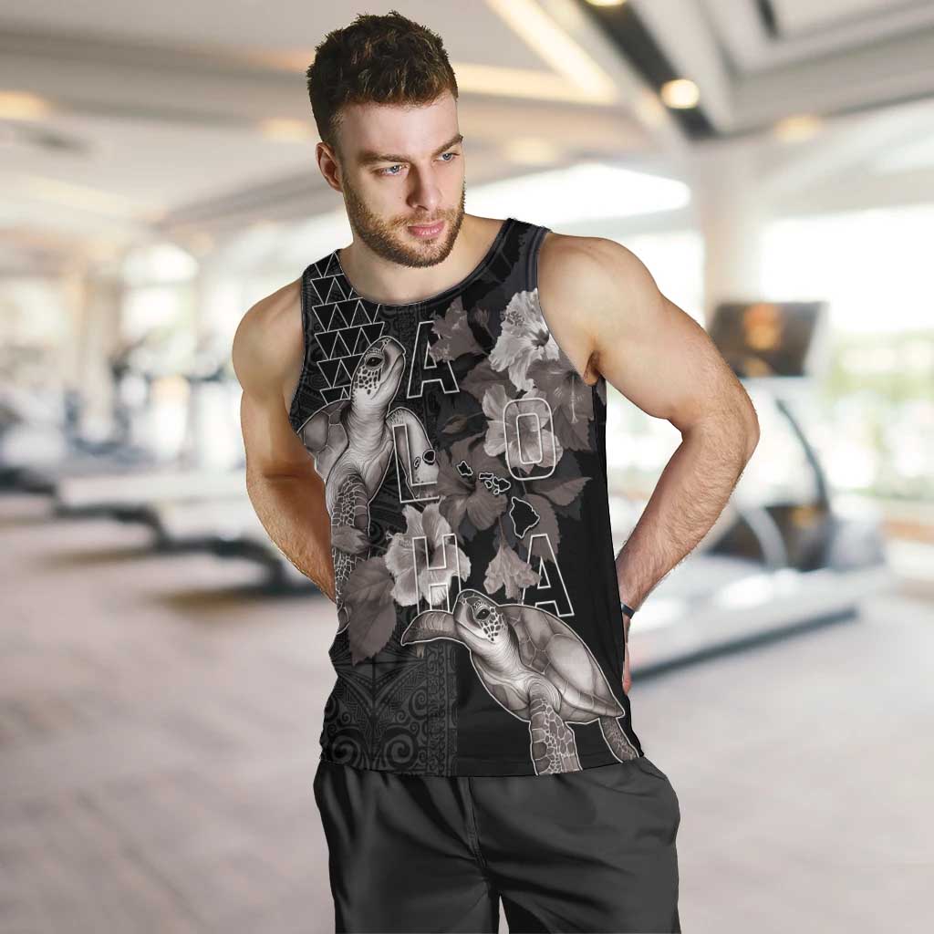 Hawaii Aloha Turtle Hibiscus and Leaves Men Tank Top with Polynesian and Kakau Tattoos Black Color - Polynesian Pride
