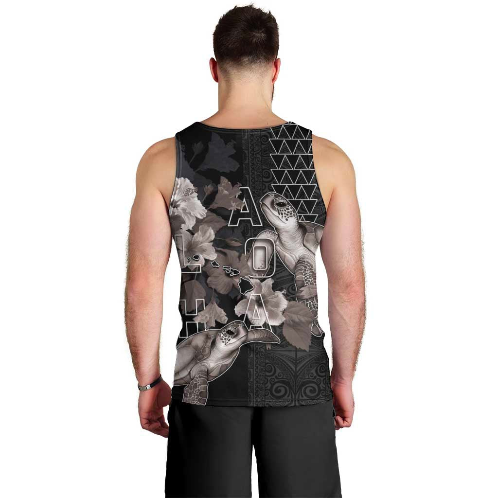 Hawaii Aloha Turtle Hibiscus and Leaves Men Tank Top with Polynesian and Kakau Tattoos Black Color - Polynesian Pride