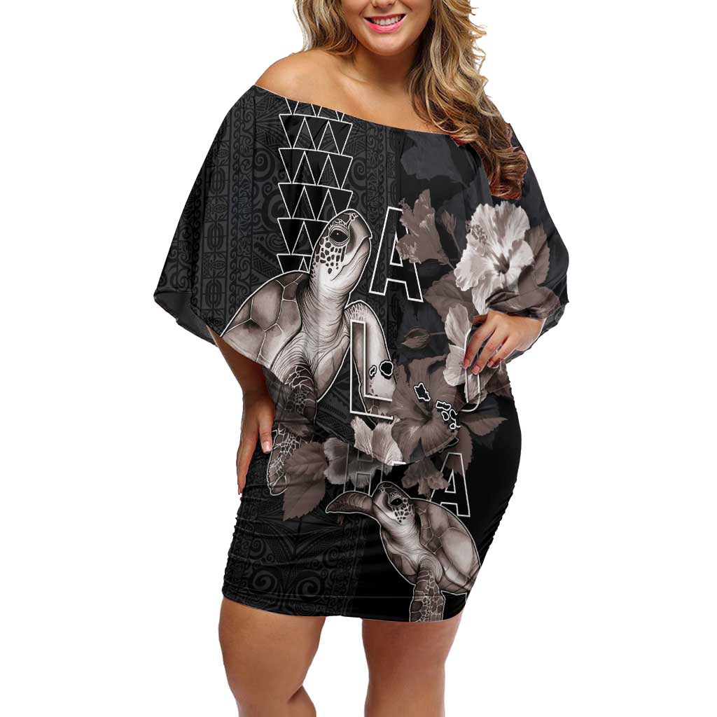 Hawaii Aloha Turtle Hibiscus and Leaves Off Shoulder Short Dress with Polynesian and Kakau Tattoos Black Color - Polynesian Pride