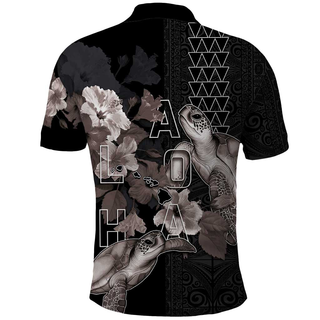 Hawaii Aloha Turtle Hibiscus and Leaves Polo Shirt with Polynesian and Kakau Tattoos Black Color - Polynesian Pride