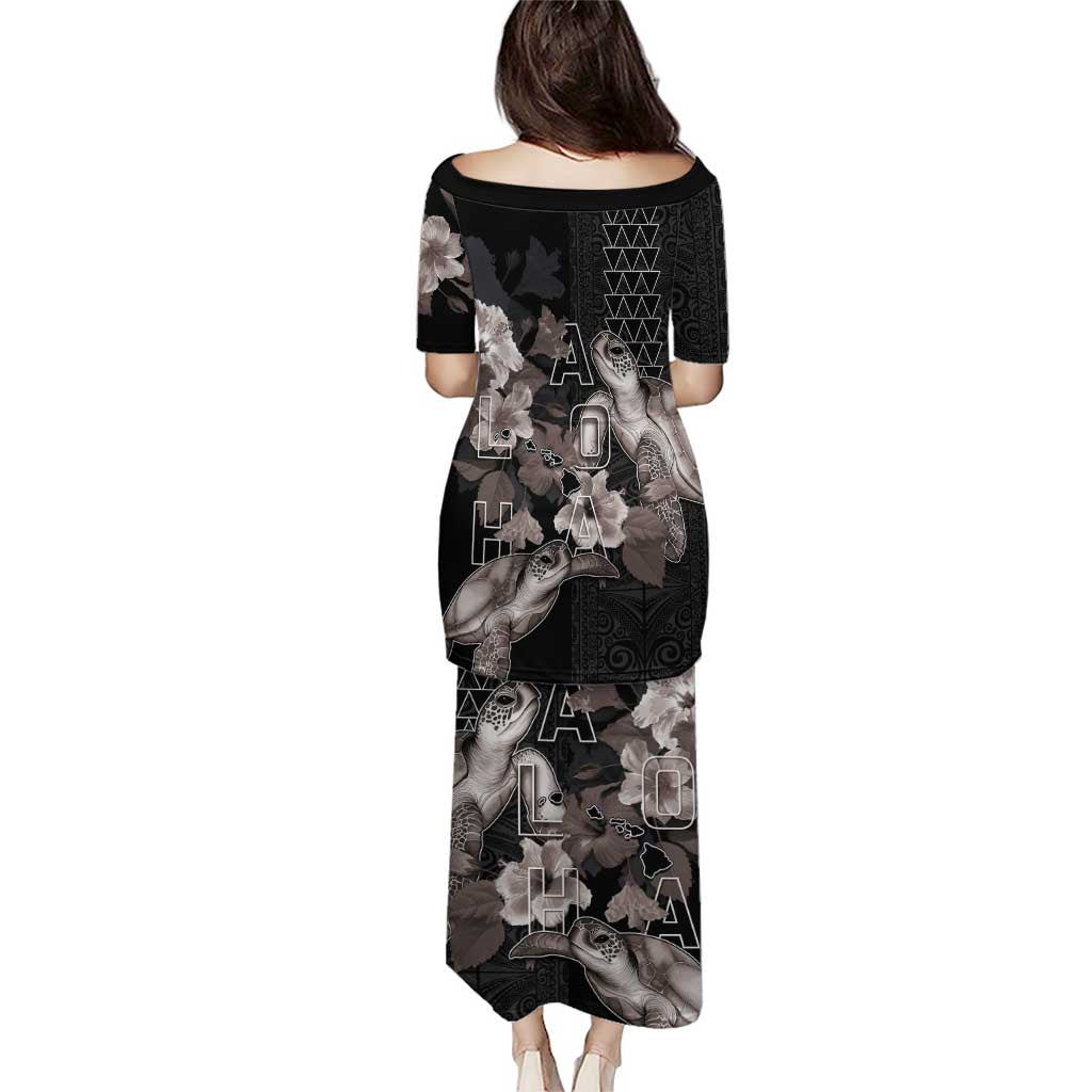 Hawaii Aloha Turtle Hibiscus and Leaves Puletasi with Polynesian and Kakau Tattoos Black Color - Polynesian Pride