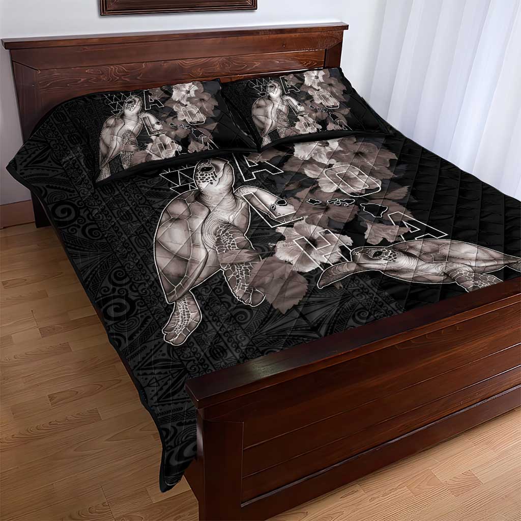 Hawaii Aloha Turtle Hibiscus and Leaves Quilt Bed Set with Polynesian and Kakau Tattoos Black Color - Polynesian Pride