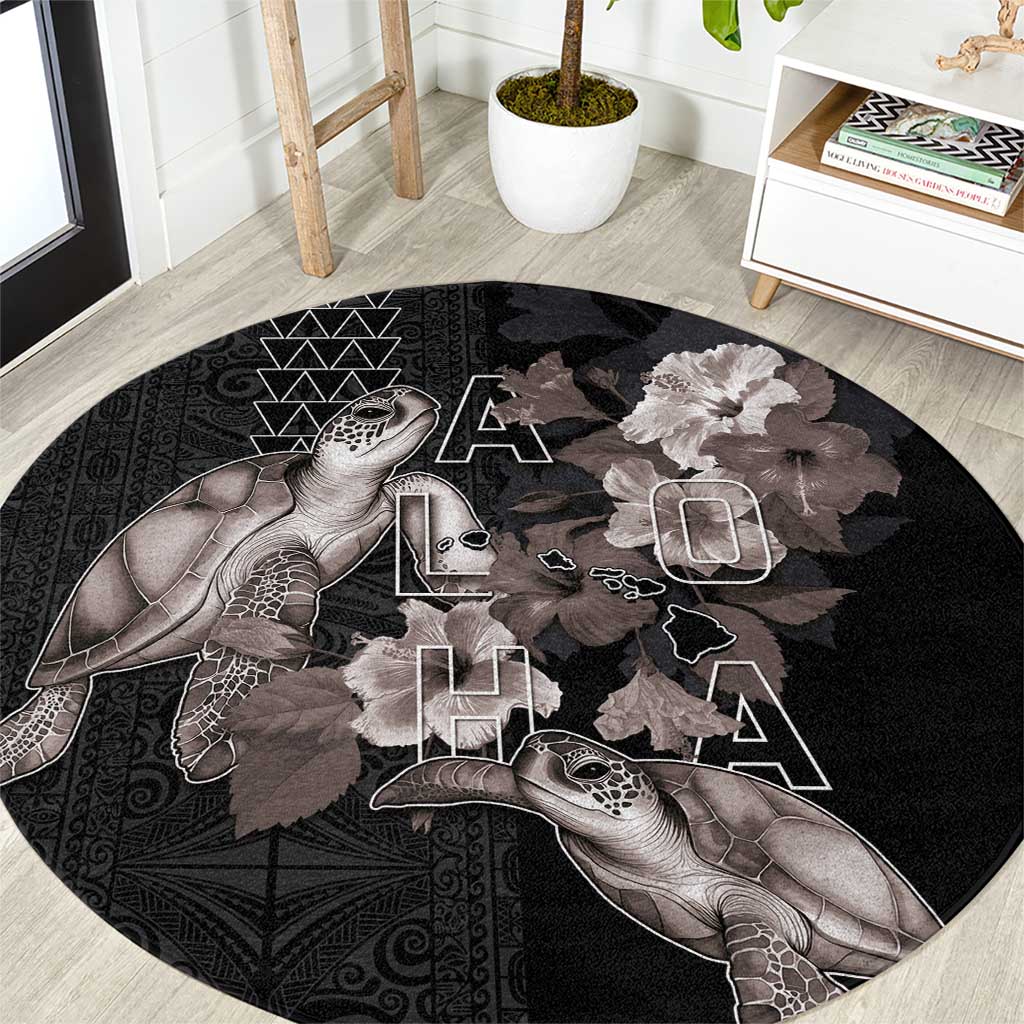Hawaii Aloha Turtle Hibiscus and Leaves Round Carpet with Polynesian and Kakau Tattoos Black Color - Polynesian Pride