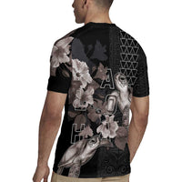 Hawaii Aloha Turtle Hibiscus and Leaves Rugby Jersey with Polynesian and Kakau Tattoos Black Color - Polynesian Pride