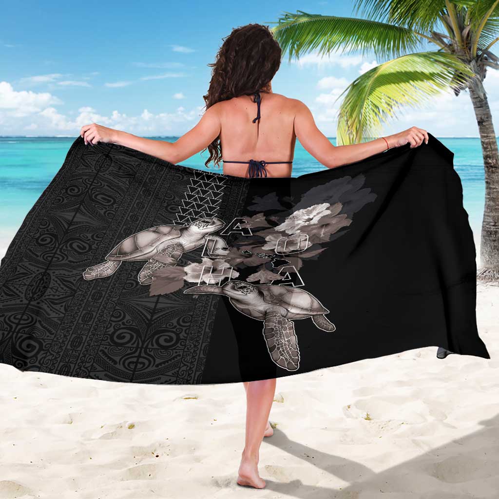 Hawaii Aloha Turtle Hibiscus and Leaves Sarong with Polynesian and Kakau Tattoos Black Color LT03 - Polynesian Pride