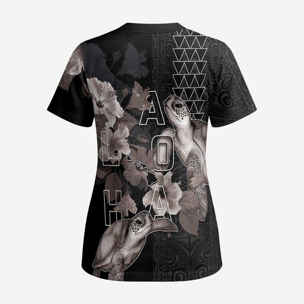 Hawaii Aloha Turtle Hibiscus and Leaves Scrub Top with Polynesian and Kakau Tattoos Black Color - Polynesian Pride