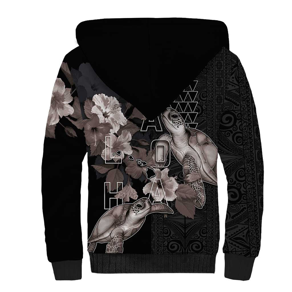 Hawaii Aloha Turtle Hibiscus and Leaves Sherpa Hoodie with Polynesian and Kakau Tattoos Black Color - Polynesian Pride