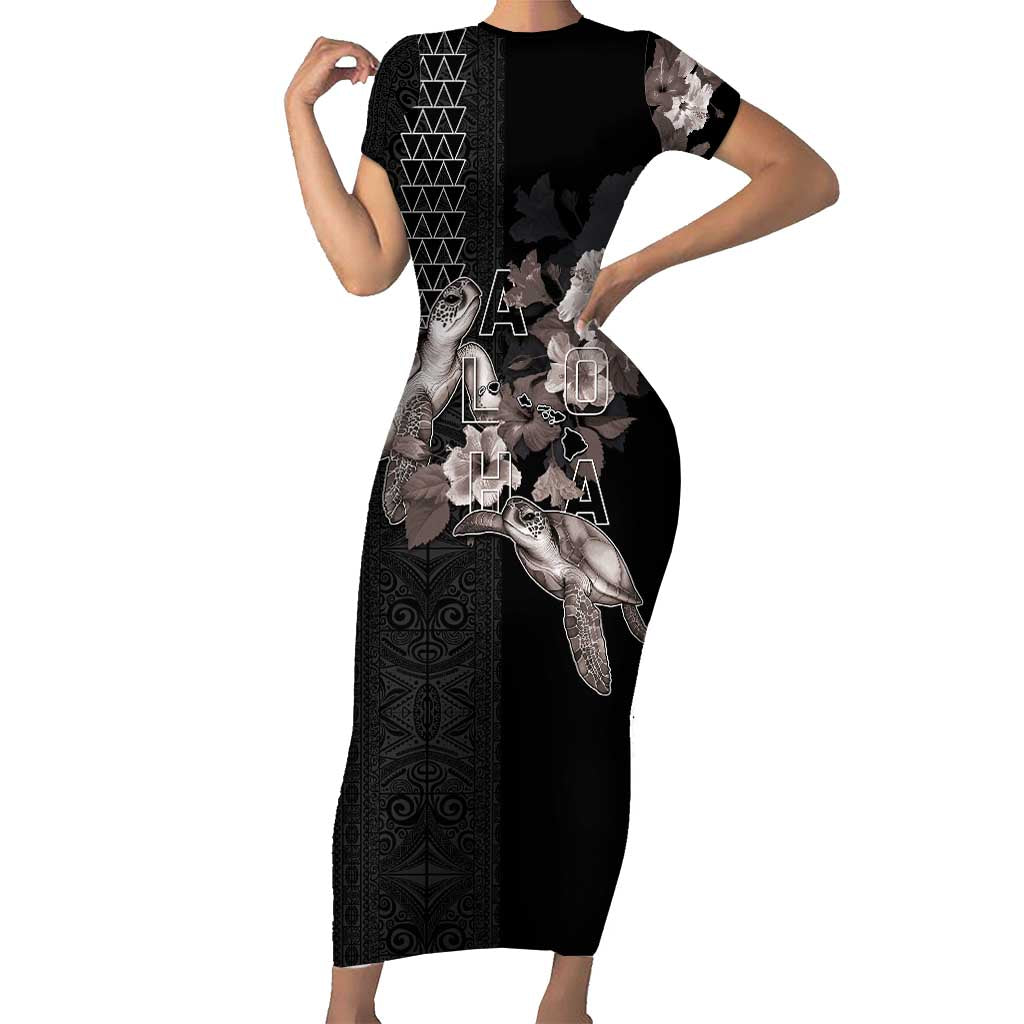 Hawaii Aloha Turtle Hibiscus and Leaves Short Sleeve Bodycon Dress with Polynesian and Kakau Tattoos Black Color - Polynesian Pride