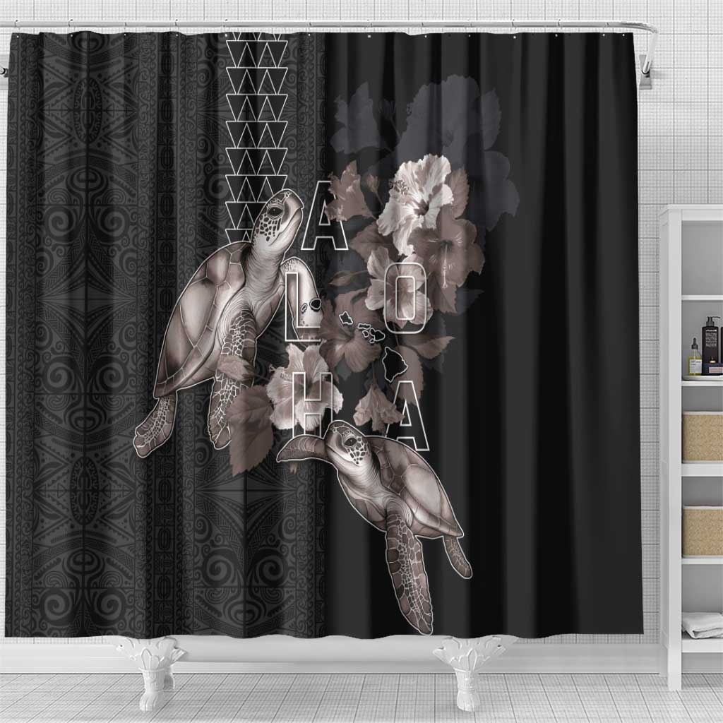 Hawaii Aloha Turtle Hibiscus and Leaves Shower Curtain with Polynesian and Kakau Tattoos Black Color - Polynesian Pride