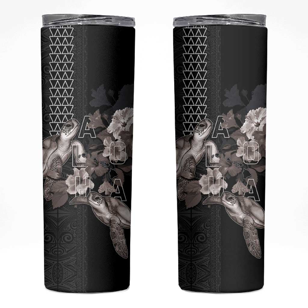 Hawaii Aloha Turtle Hibiscus and Leaves Skinny Tumbler with Polynesian and Kakau Tattoos Black Color - Polynesian Pride