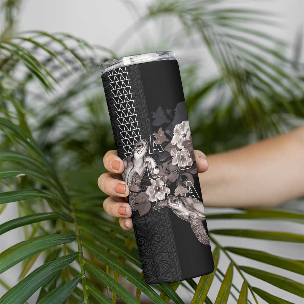 Hawaii Aloha Turtle Hibiscus and Leaves Skinny Tumbler with Polynesian and Kakau Tattoos Black Color - Polynesian Pride
