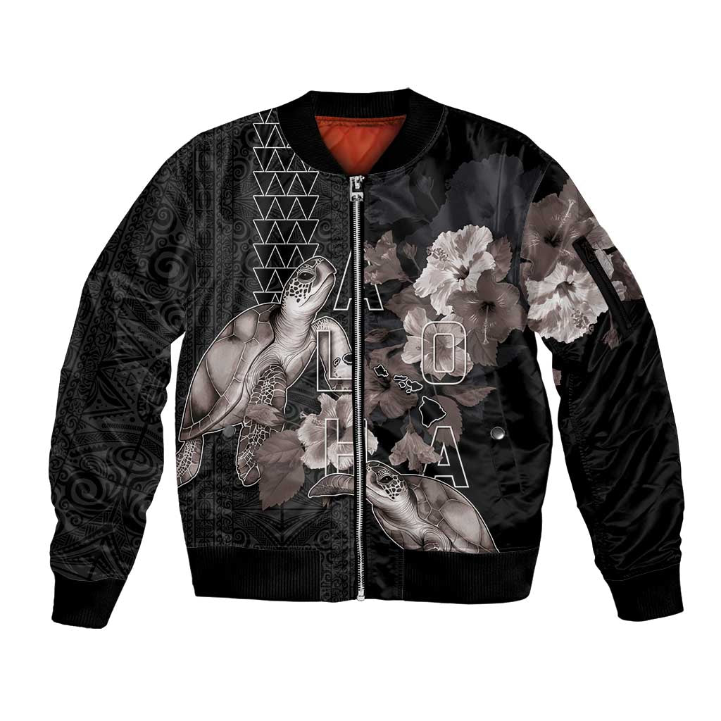 Hawaii Aloha Turtle Hibiscus and Leaves Sleeve Zip Bomber Jacket with Polynesian and Kakau Tattoos Black Color - Polynesian Pride