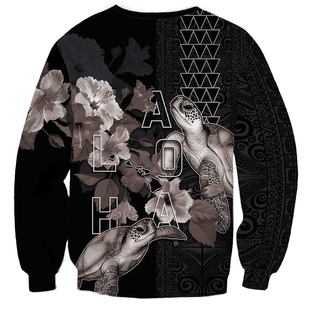Hawaii Aloha Turtle Hibiscus and Leaves Sweatshirt with Polynesian and Kakau Tattoos Black Color - Polynesian Pride