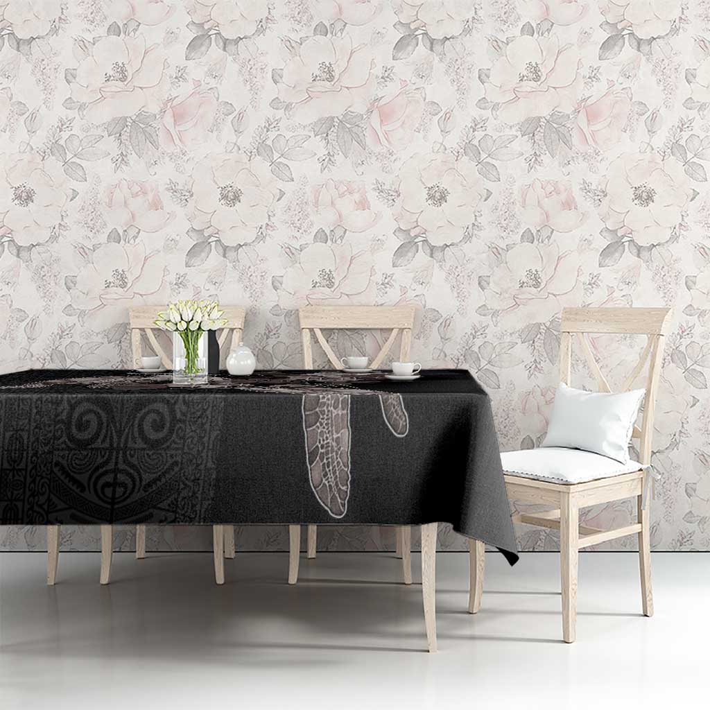 Hawaii Aloha Turtle Hibiscus and Leaves Tablecloth with Polynesian and Kakau Tattoos Black Color - Polynesian Pride