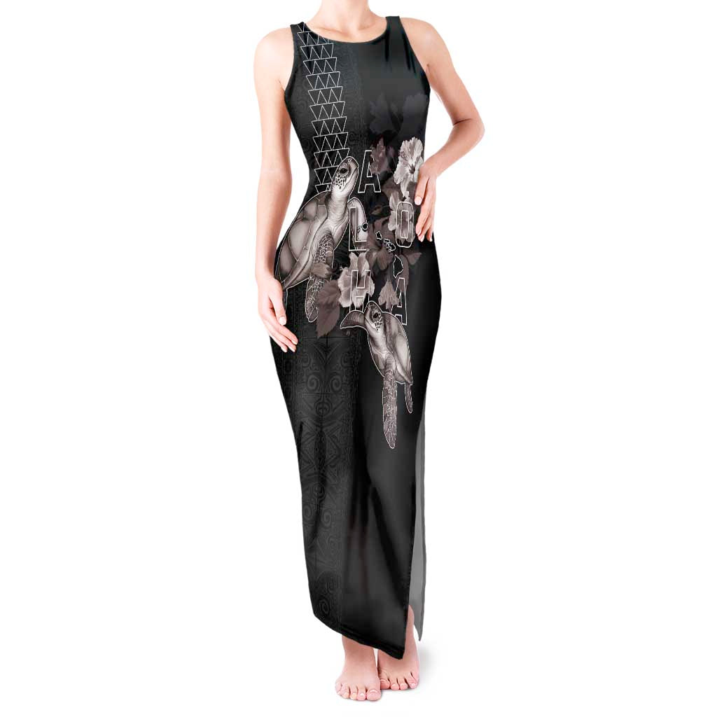 Hawaii Aloha Turtle Hibiscus and Leaves Tank Maxi Dress with Polynesian and Kakau Tattoos Black Color - Polynesian Pride