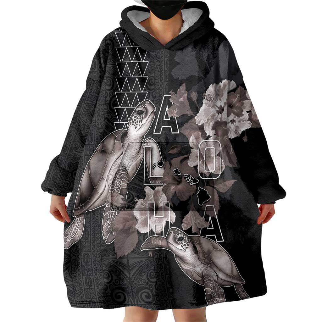 Hawaii Aloha Turtle Hibiscus and Leaves Wearable Blanket Hoodie with Polynesian and Kakau Tattoos Black Color - Polynesian Pride
