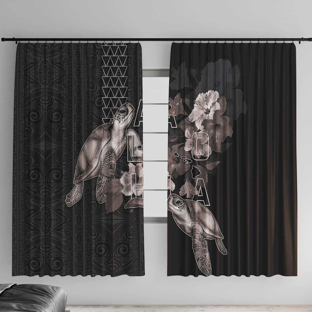 Hawaii Aloha Turtle Hibiscus and Leaves Window Curtain with Polynesian and Kakau Tattoos Black Color - Polynesian Pride