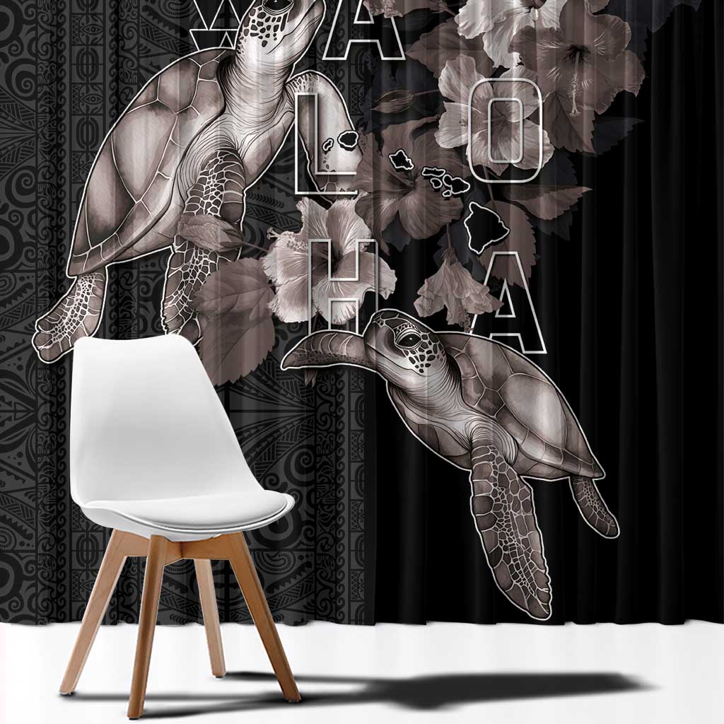 Hawaii Aloha Turtle Hibiscus and Leaves Window Curtain with Polynesian and Kakau Tattoos Black Color - Polynesian Pride