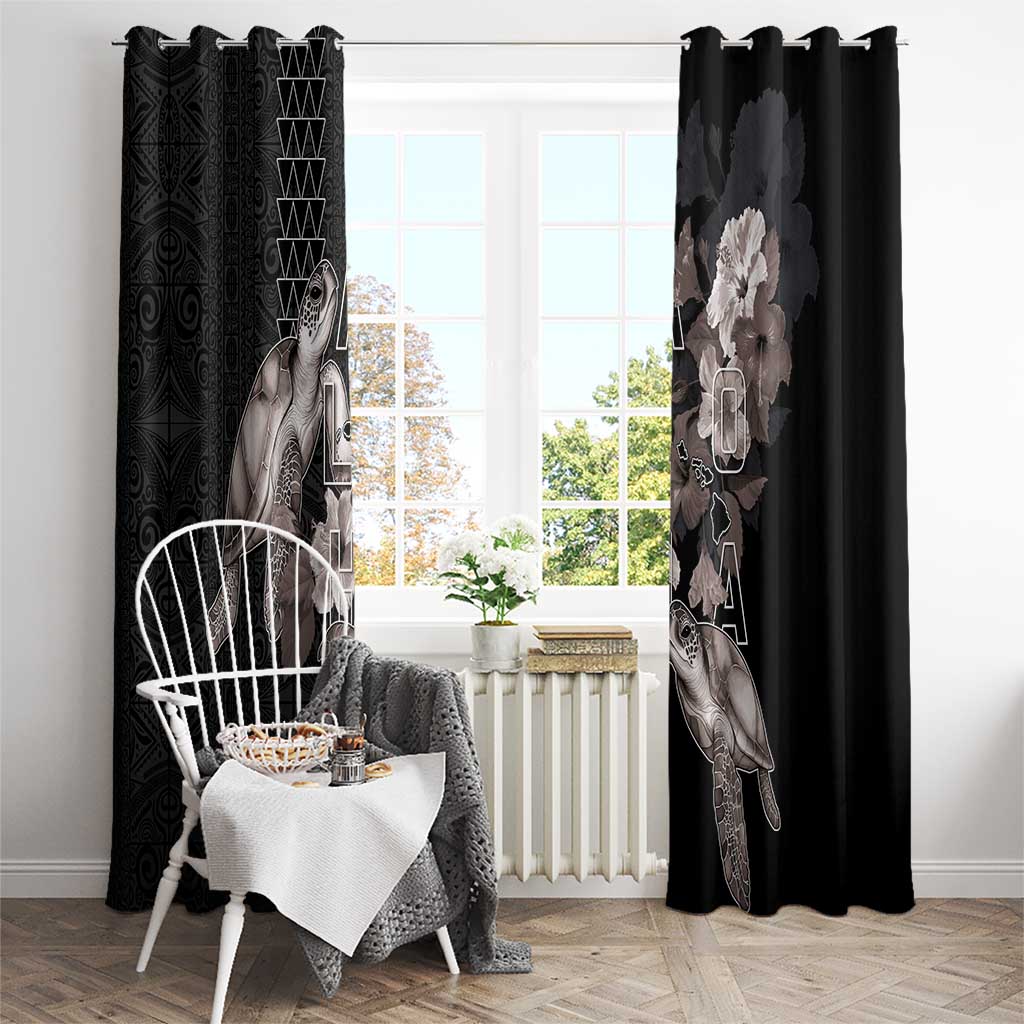 Hawaii Aloha Turtle Hibiscus and Leaves Window Curtain with Polynesian and Kakau Tattoos Black Color - Polynesian Pride