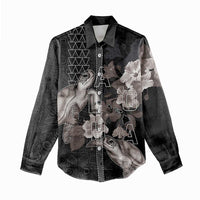 Hawaii Aloha Turtle Hibiscus and Leaves Women Casual Shirt with Polynesian and Kakau Tattoos Black Color - Polynesian Pride