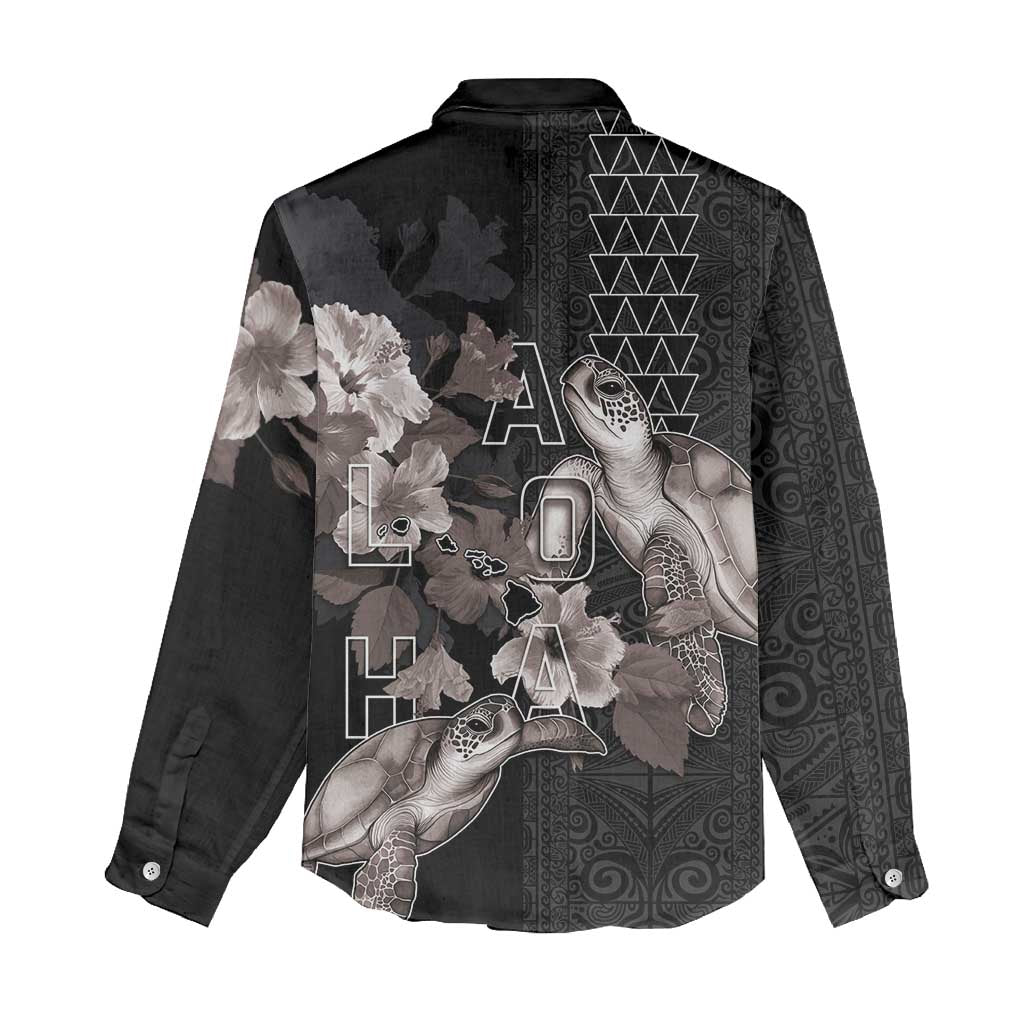 Hawaii Aloha Turtle Hibiscus and Leaves Women Casual Shirt with Polynesian and Kakau Tattoos Black Color - Polynesian Pride