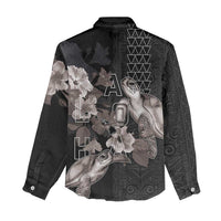 Hawaii Aloha Turtle Hibiscus and Leaves Women Casual Shirt with Polynesian and Kakau Tattoos Black Color - Polynesian Pride
