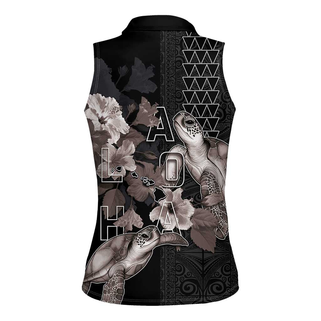 Hawaii Aloha Turtle Hibiscus and Leaves Women Sleeveless Polo Shirt with Polynesian and Kakau Tattoos Black Color - Polynesian Pride