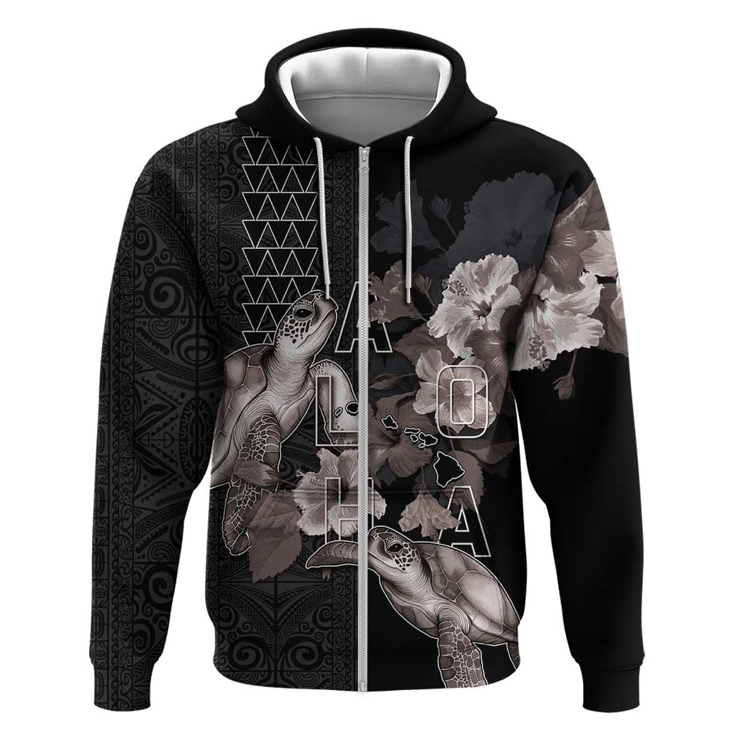 Hawaii Aloha Turtle Hibiscus and Leaves Zip Hoodie with Polynesian and Kakau Tattoos Black Color - Polynesian Pride