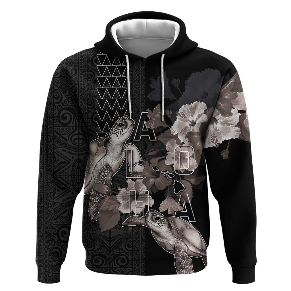 Hawaii Aloha Turtle Hibiscus and Leaves Zip Hoodie with Polynesian and Kakau Tattoos Black Color - Polynesian Pride