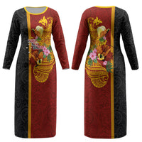Papua New Guinea Independence Day Couples Matching Long Sleeve Bodycon Dress and Hawaiian Shirt Birds-of-Paradise Melanesian Tattoos Tropical Plants LT03 - Polynesian Pride
