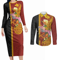 Papua New Guinea Independence Day Couples Matching Long Sleeve Bodycon Dress and Long Sleeve Button Shirt Birds-of-Paradise Melanesian Tattoos Tropical Plants LT03 Multicolor - Polynesian Pride