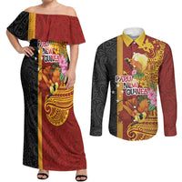 Papua New Guinea Independence Day Couples Matching Off Shoulder Maxi Dress and Long Sleeve Button Shirt Birds-of-Paradise Melanesian Tattoos Tropical Plants LT03 Multicolor - Polynesian Pride