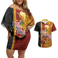 Papua New Guinea Independence Day Couples Matching Off Shoulder Short Dress and Hawaiian Shirt Birds-of-Paradise Melanesian Tattoos Tropical Plants LT03 Multicolor - Polynesian Pride