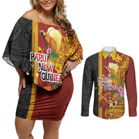 Papua New Guinea Independence Day Couples Matching Off Shoulder Short Dress and Long Sleeve Button Shirt Birds-of-Paradise Melanesian Tattoos Tropical Plants LT03 Multicolor - Polynesian Pride