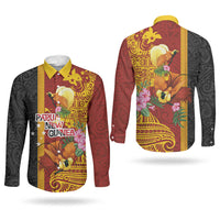 Papua New Guinea Independence Day Couples Matching Off The Shoulder Long Sleeve Dress and Long Sleeve Button Shirt Birds-of-Paradise Melanesian Tattoos Tropical Plants LT03 - Polynesian Pride